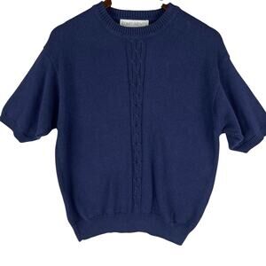 Compliments WMNS Navy Blue Short Sleeve Cable Knit Cotton Sweater SZ M/L (?)